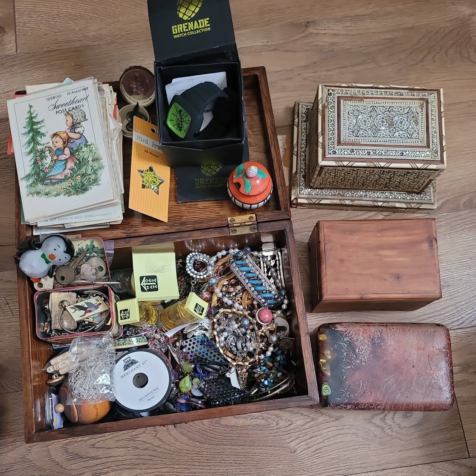Estate/Moving Sale Lot Vintage Jewelry Keys Boxes Watches Postcards Stamps Boxes