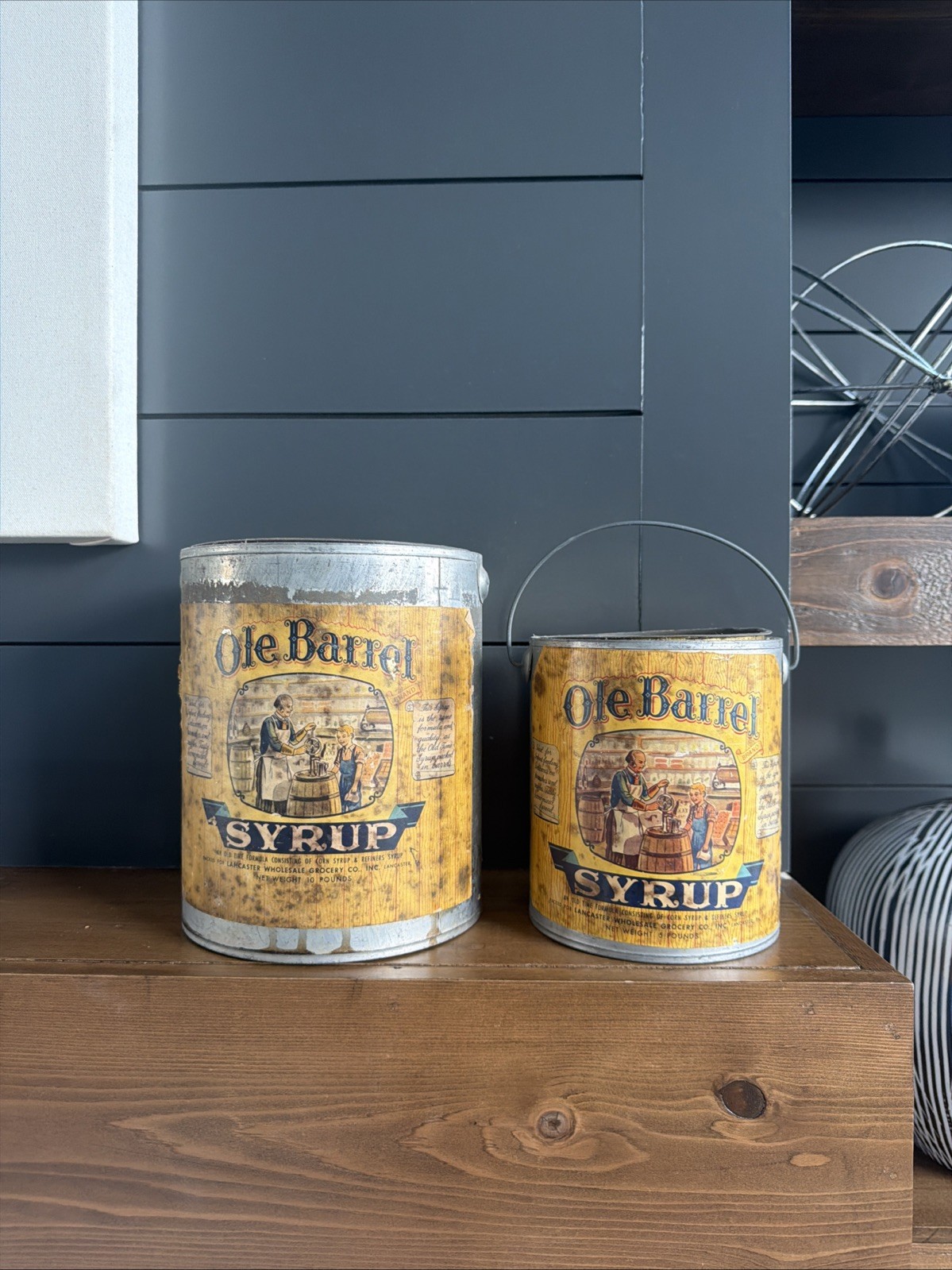 VTG 1950s Ole Barrel Syrup Tins 10 LB 5 LB Lancaster PA Advertising Pair Grocery