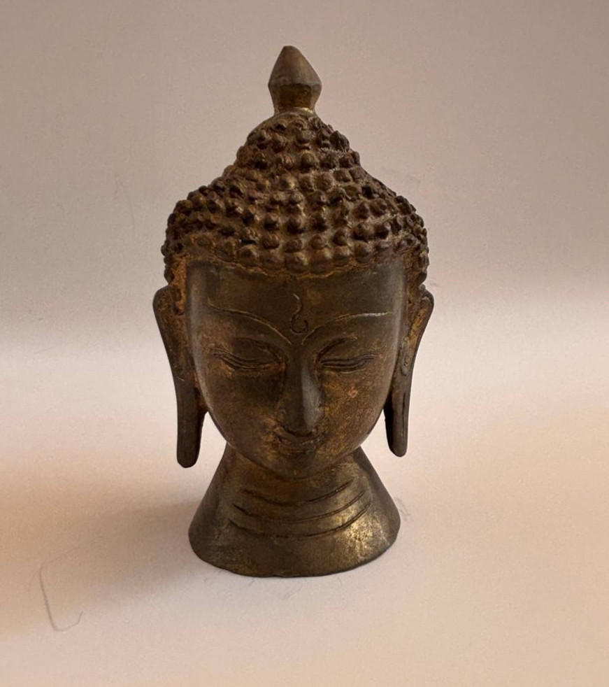Antique Early 19th Century Buddha Head Bronze Brass Bust Sculpture Buddhist Art