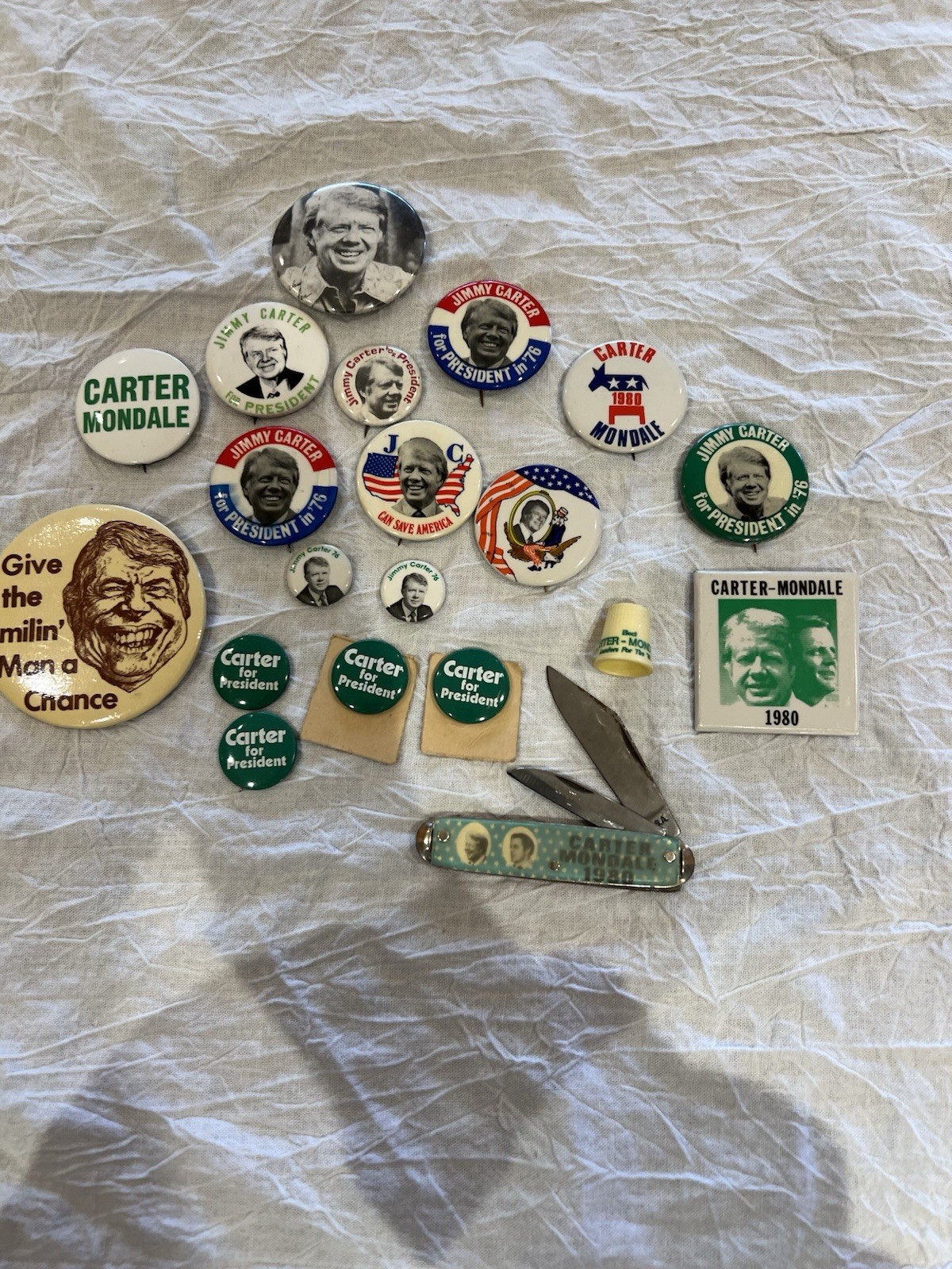 Lot of Vintage Jimmy Carter Presidential Campaign Buttons, Knife, & Thimble Lot of Vintage Jimmy Carter Presidential Campaign Buttons, Knife, & Thimble