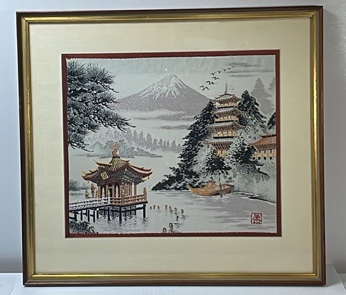 Vintage Japanese Silk Embroidery Landscape Framed, Beautiful Art Vintage Japanese Silk Embroidery Landscape Framed, Beautiful Art