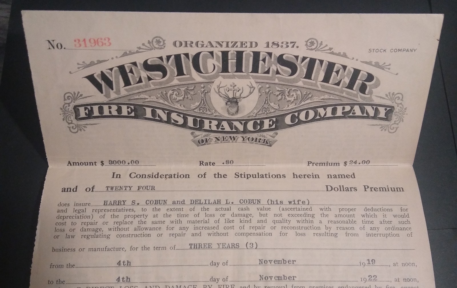 Rare Antique 1922 Westchester Fire Insurance Co. Of New York Policy Rare Antique 1922 Westchester Fire Insurance Co. Of New York Policy