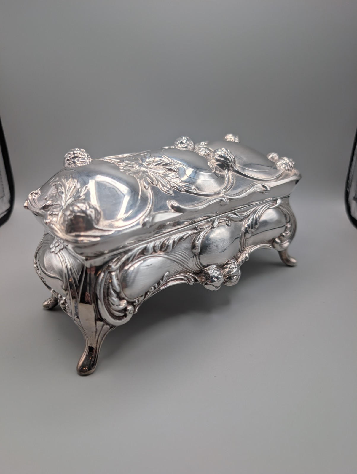 Antique Art Nouveau Silver Plated Casket Jewelry Trinket Box Velvet Lining 8\