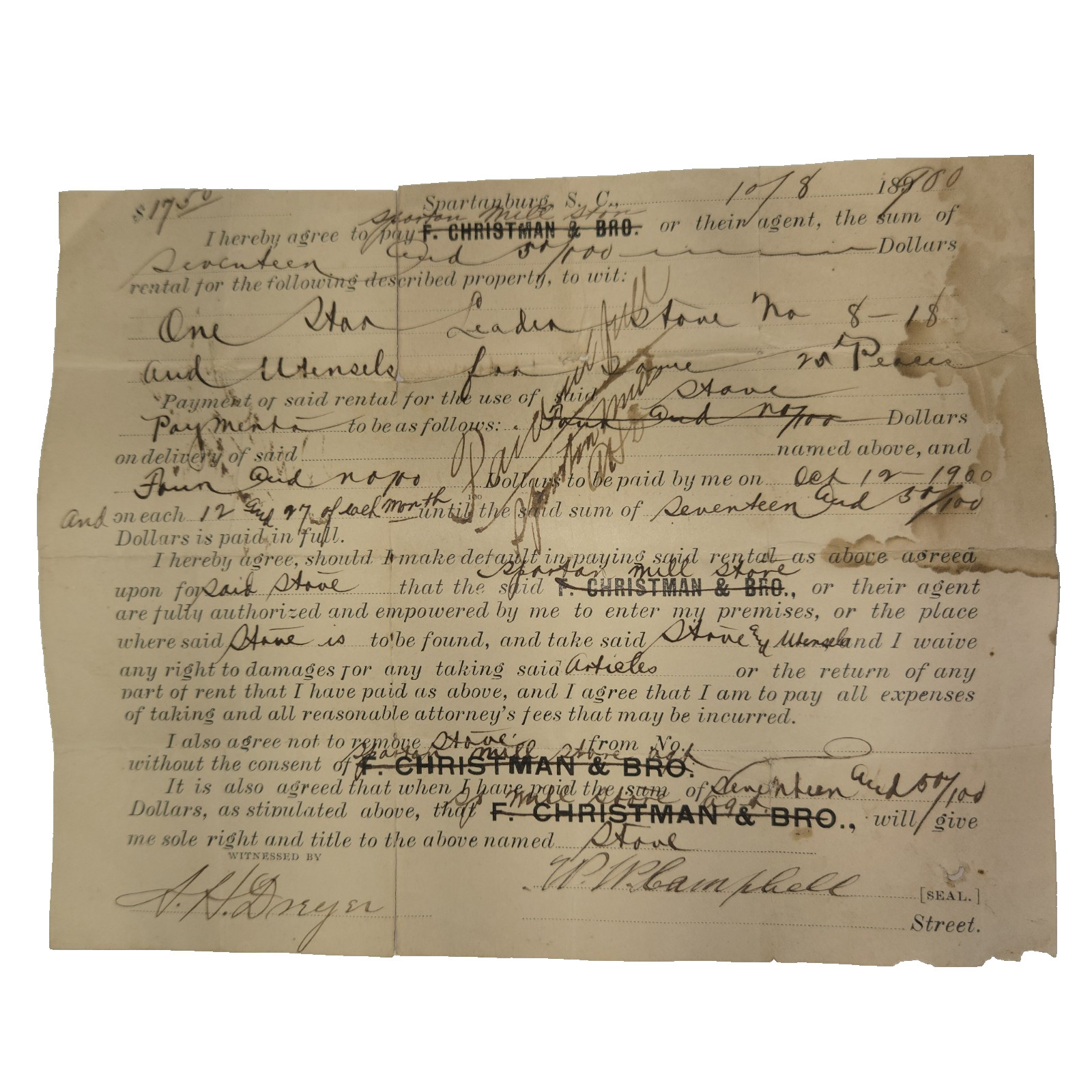1890 Antique VTG Rent Contract Spartanburg SC F. Christman & Bro. W.M. Campbell