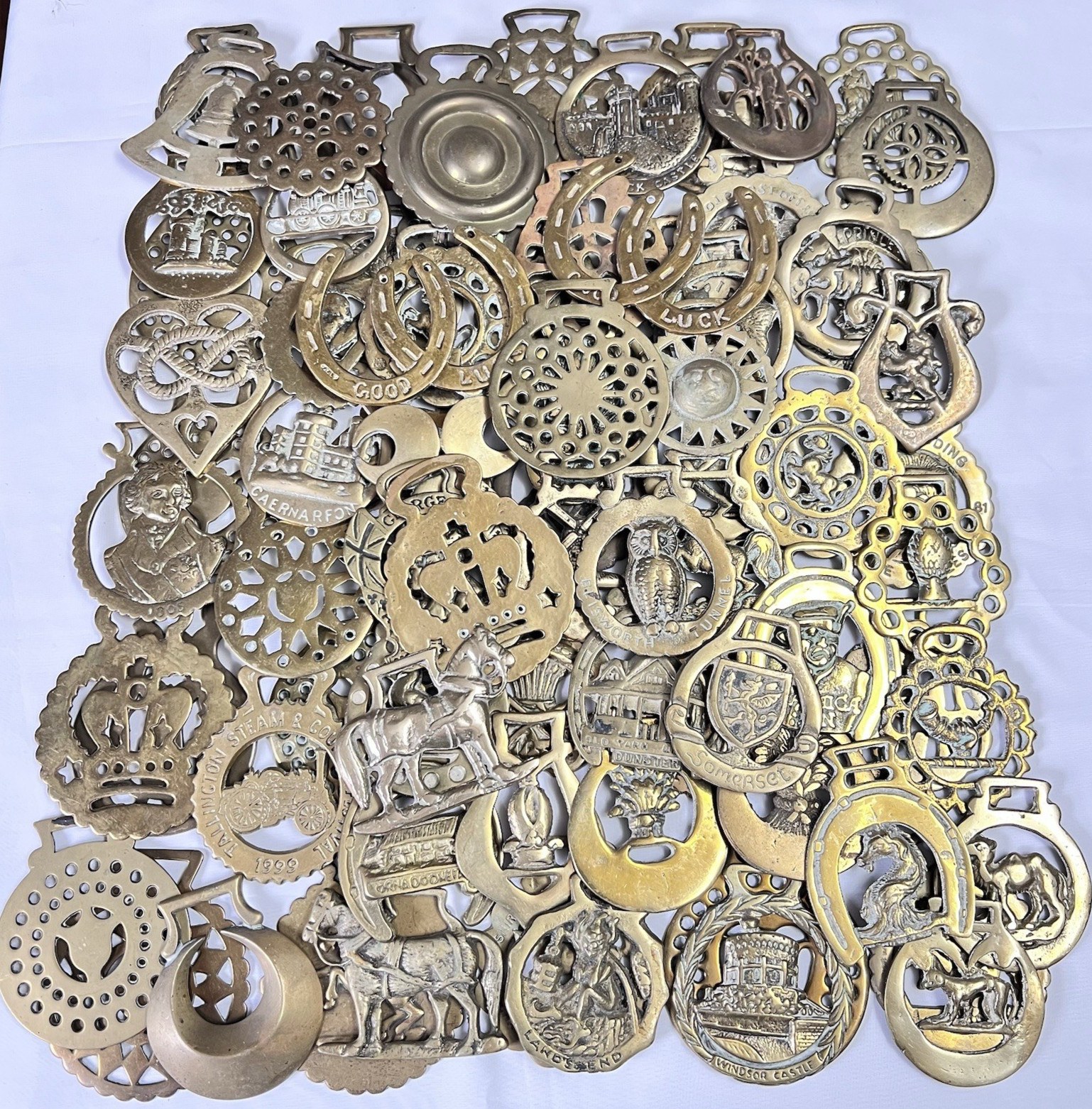 Brass Horse Medallion Lot of 75 Vintage to Antique Royal Souvenir Wheat Sun Brass Horse Medallion Lot of 75 Vintage to Antique Royal Souvenir Wheat Sun