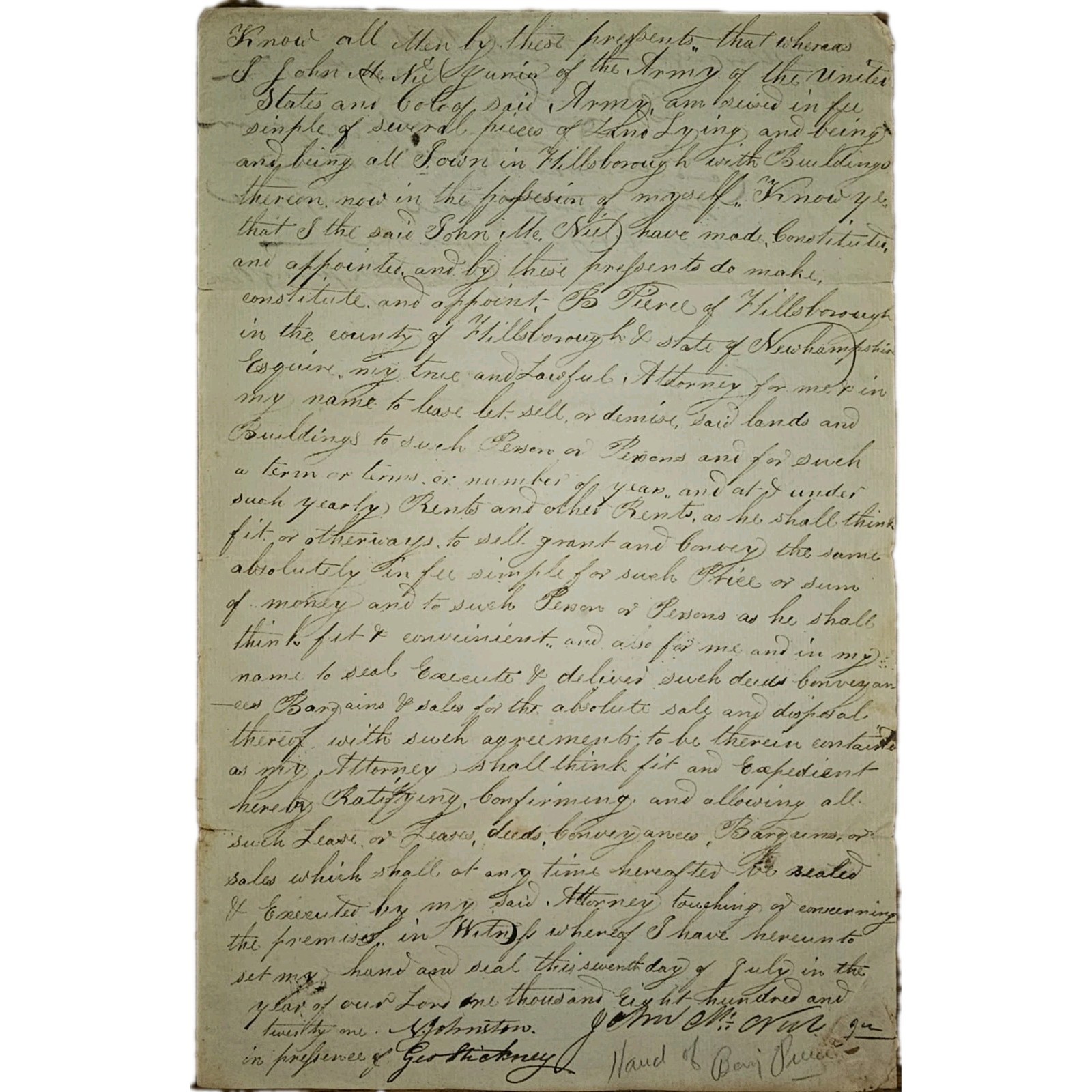 1821 John McNeil Jr Signed ALS Franklin Pierce Family, NH Gov & War of 1812
