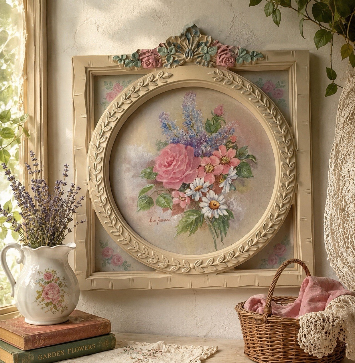 Vintage Ava Freeman Floral framed wall hanging 13.5x14.5 Excellent condition Vintage Ava Freeman Floral framed wall hanging 13.5x14.5 Excellent condition