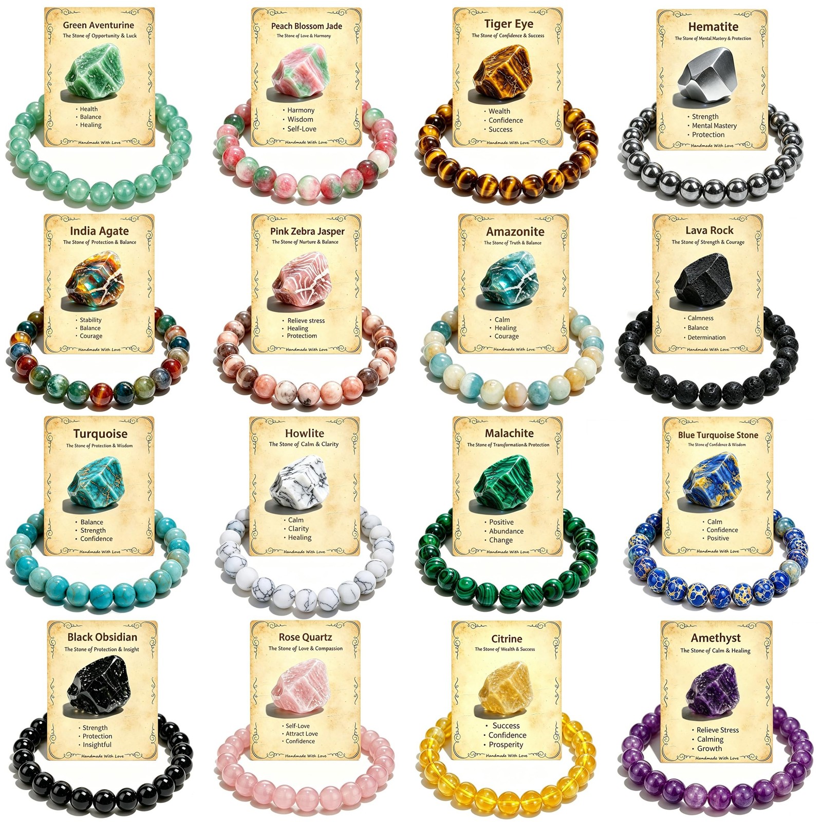 16 Pcs 8mm Natural Stone Beaded Healing Crystal Bracelets for Women Men A 16 Pcs 8mm Natural Stone Beaded Healing Crystal Bracelets for Women Men A