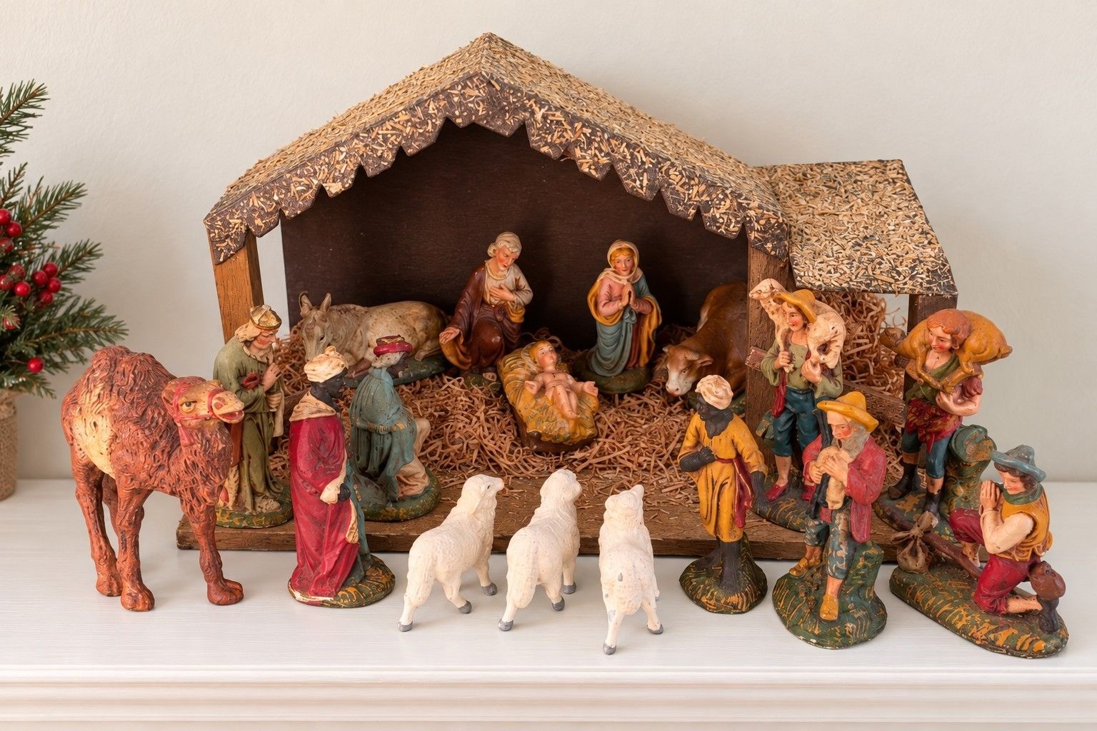 Vintage Italy Papier Mache Nativity Set 19 Pieces With Creche 1940s–1950s