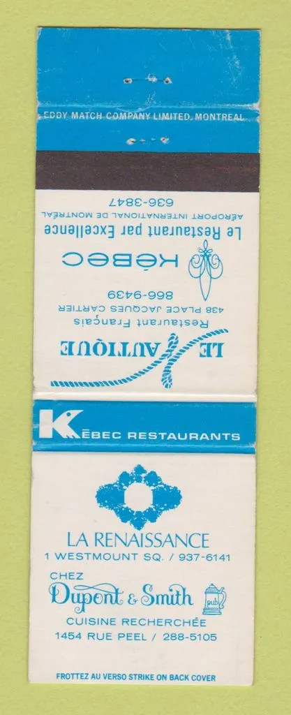 Matchbook Cover - La Renaissance Le Autique French Restaurant Montreal C Matchbook Cover - La Renaissance Le Autique French Restaurant Montreal C