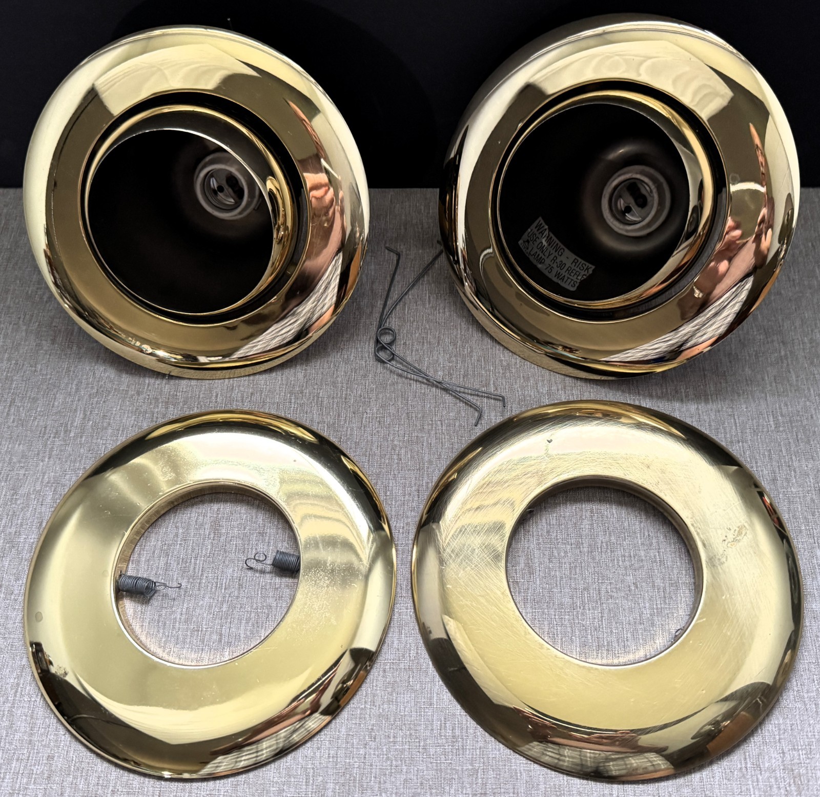 Vintage Polished Brass Can Ceiling Lights: (2) Eyeball Lights & (2) Trim Rings Vintage Polished Brass Can Ceiling Lights: (2) Eyeball Lights & (2) Trim Rings