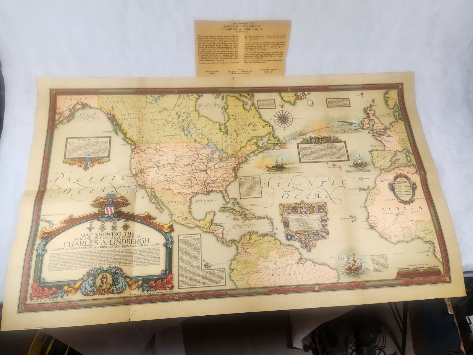 Genuine Antique 1928 Map Of Overland  Overseas Flights of Charles A. Lindbergh