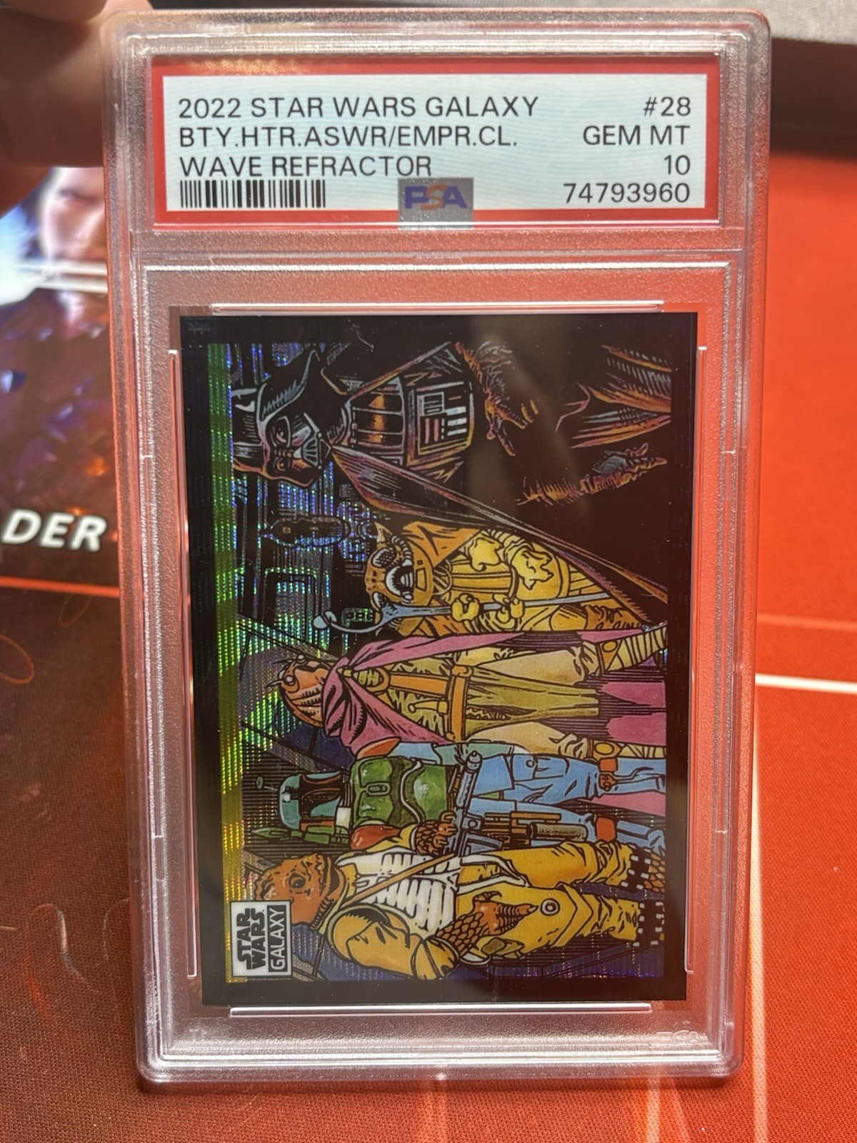 Topps 2022 Star Wars Galaxy #28 Bounty Hunters Wave Refractor PSA 10 64/99 Topps 2022 Star Wars Galaxy #28 Bounty Hunters Wave Refractor PSA 10 64/99