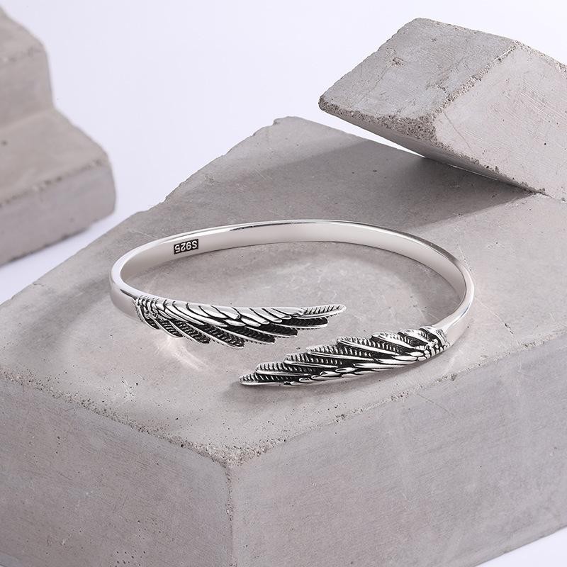 Retro 925 Sterling Silver Feather Angel Wings Adjustable Open Bracelet For Women Retro 925 Sterling Silver Feather Angel Wings Adjustable Open Bracelet For Women