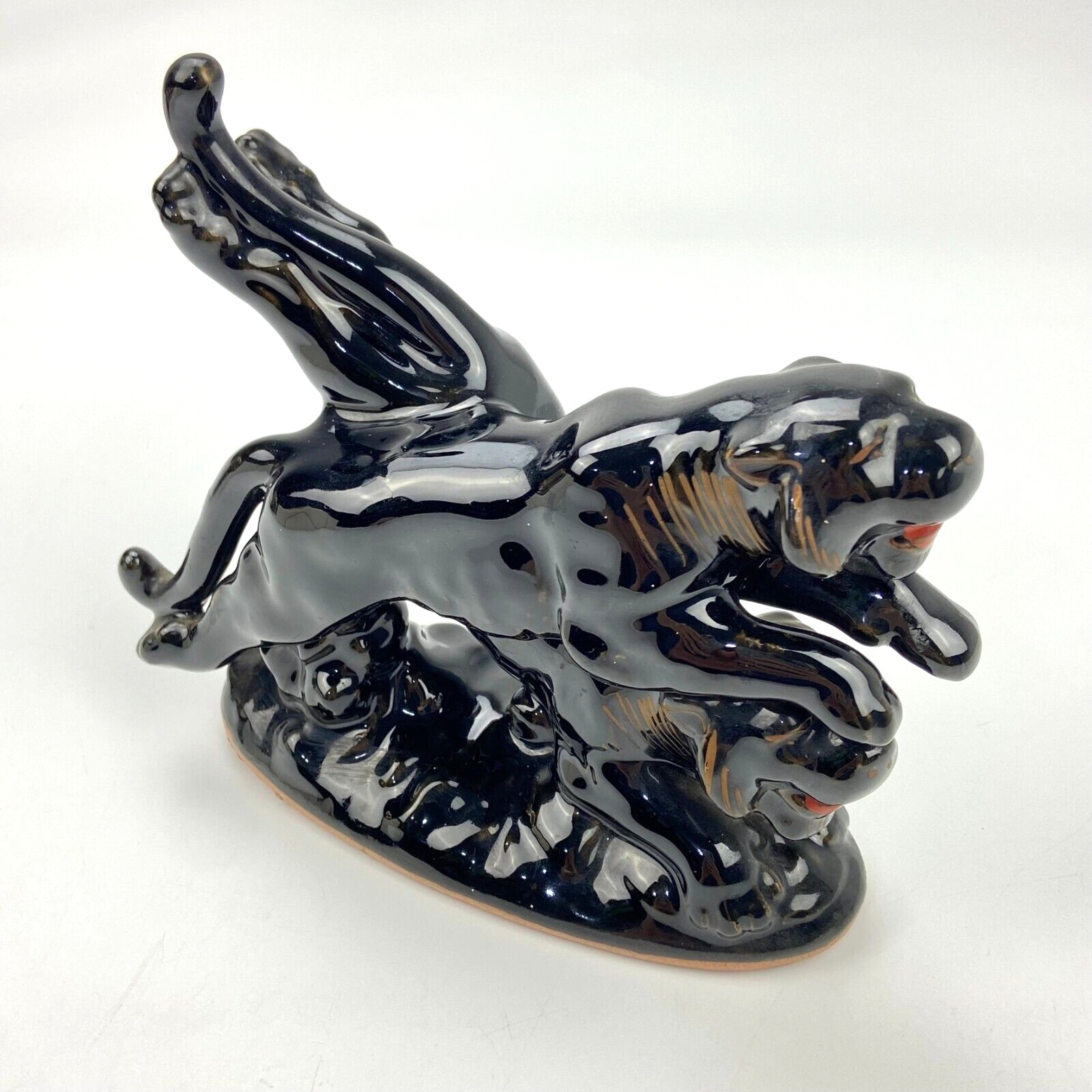Vtg HTF Double Black Panther Figurine Redware Pottery Japan MCM *AS IS* Vtg HTF Double Black Panther Figurine Redware Pottery Japan MCM *AS IS*