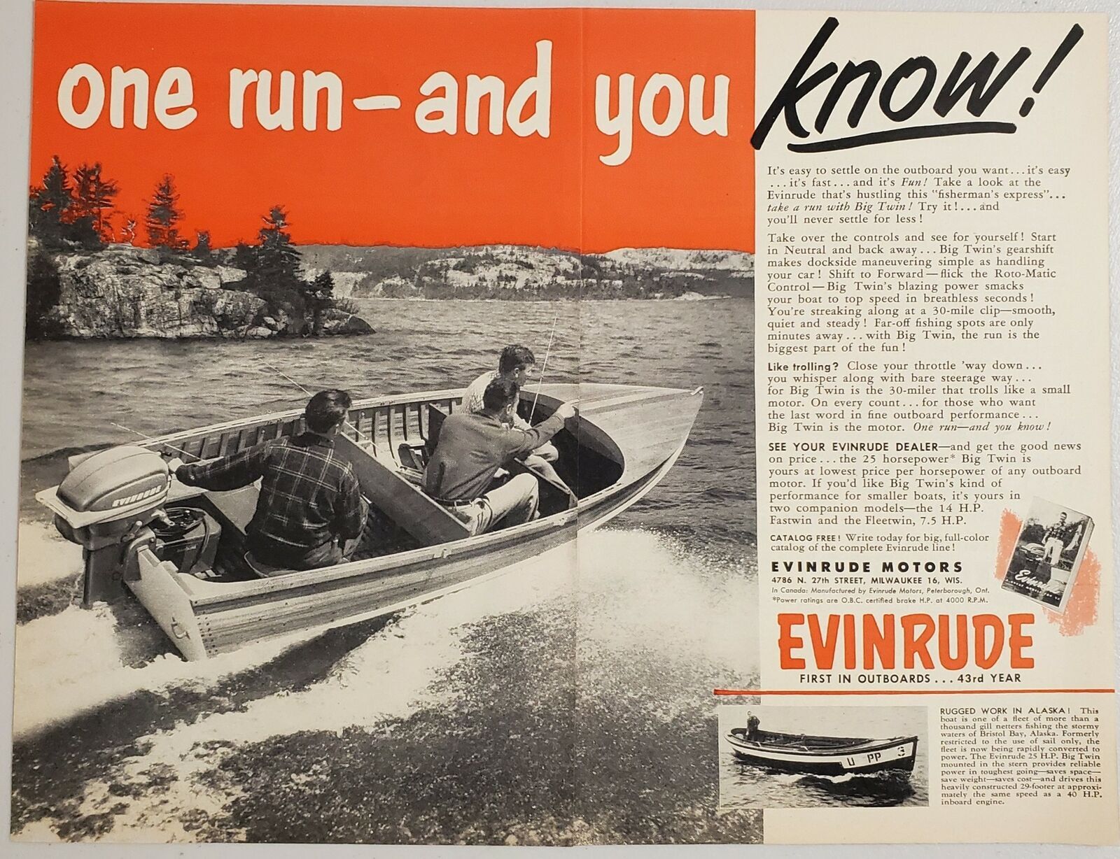 1952 Print Ad Evinrude Outboard Motors 3 Men in Fishing Boat Go Fast 1952 Print Ad Evinrude Outboard Motors 3 Men in Fishing Boat Go Fast