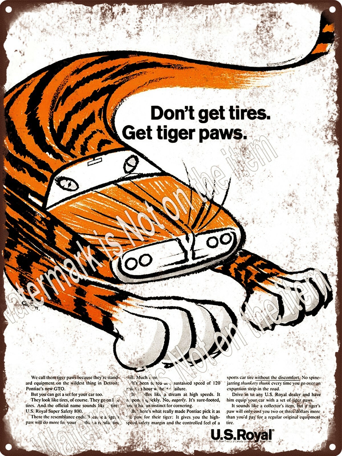 1964 U.S. ROYAL TIRES PONTIAC GTO TIGER PAWS Metal Sign 9x12\