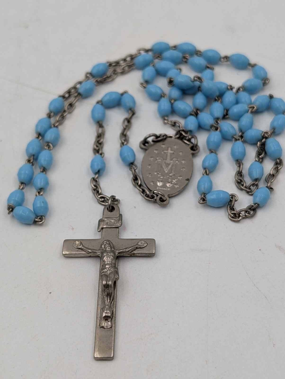 Vintage French Blue Glass Rosary Miraculous Medal France Metal Crucifix Case Vintage French Blue Glass Rosary Miraculous Medal France Metal Crucifix Case