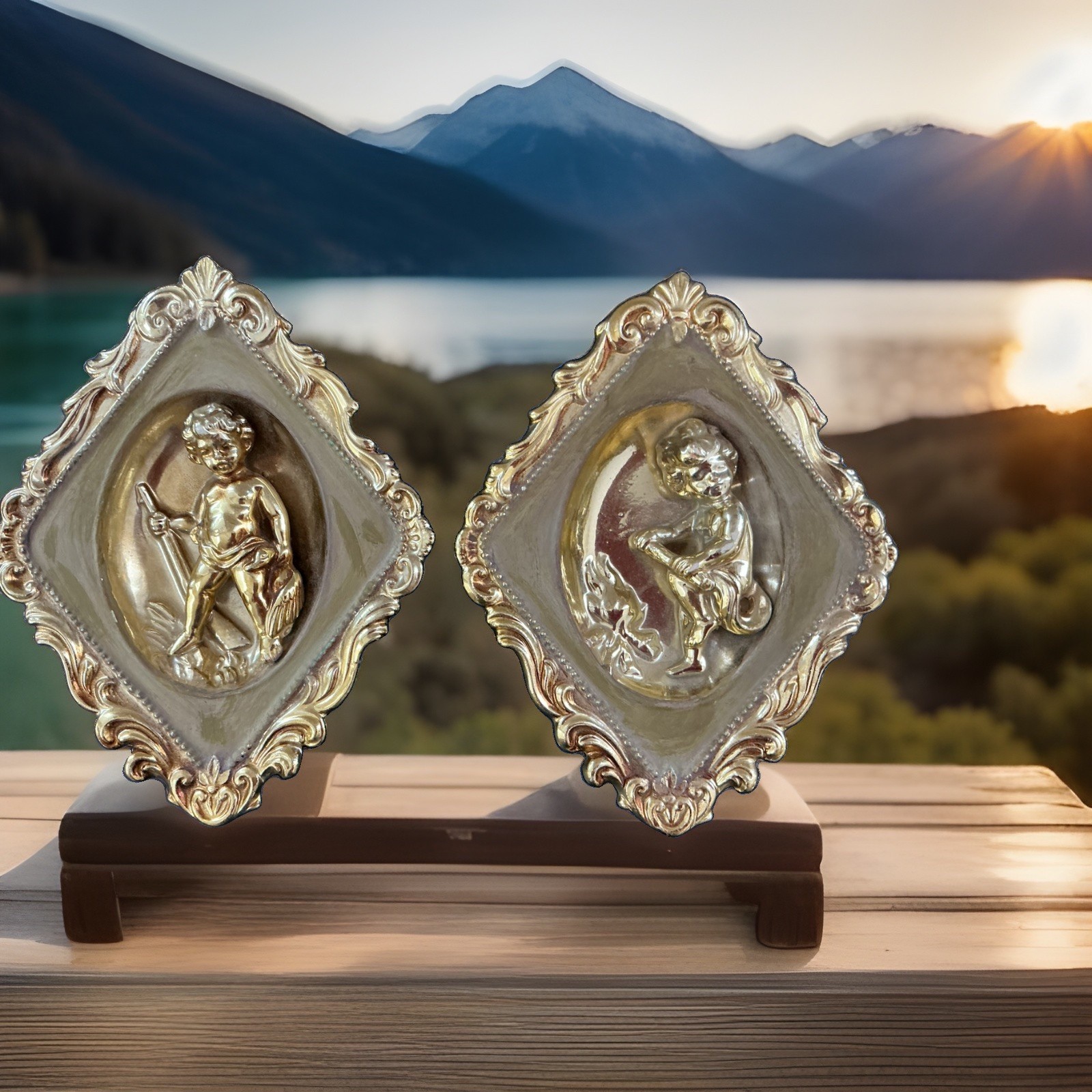 Vtg Ardco Pair Ceramic Gold Cherub Wall Hangings 7.5x5 In Made Japan
