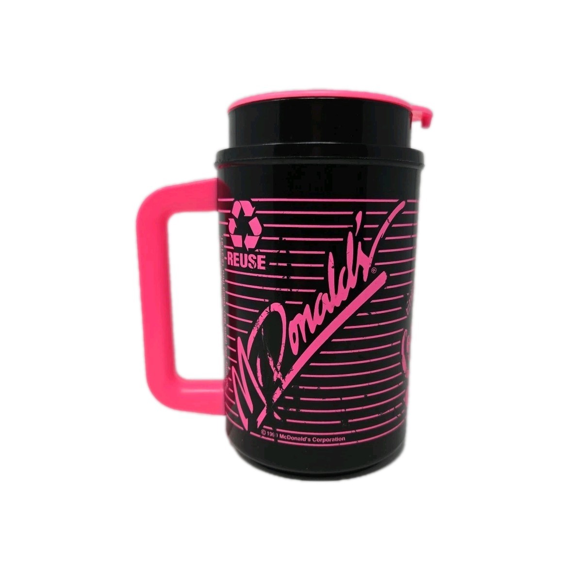 1990 ThermoServ Coca-Cola McDonald\'s Reusable Travel Mug Black Pink Vintage 22oz