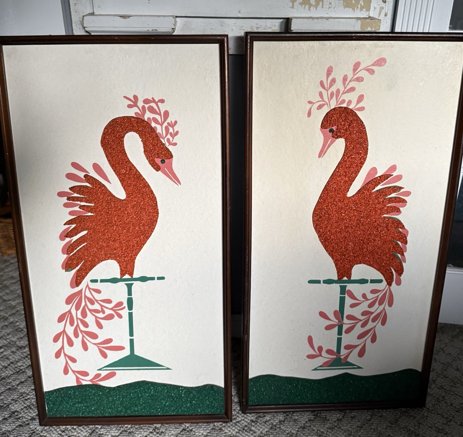 Vintage MCM 1960\'s Peacock Tropical Birds Gravel Art Wall Hanging Set of 2 Vintage MCM 1960\'s Peacock Tropical Birds Gravel Art Wall Hanging Set of 2