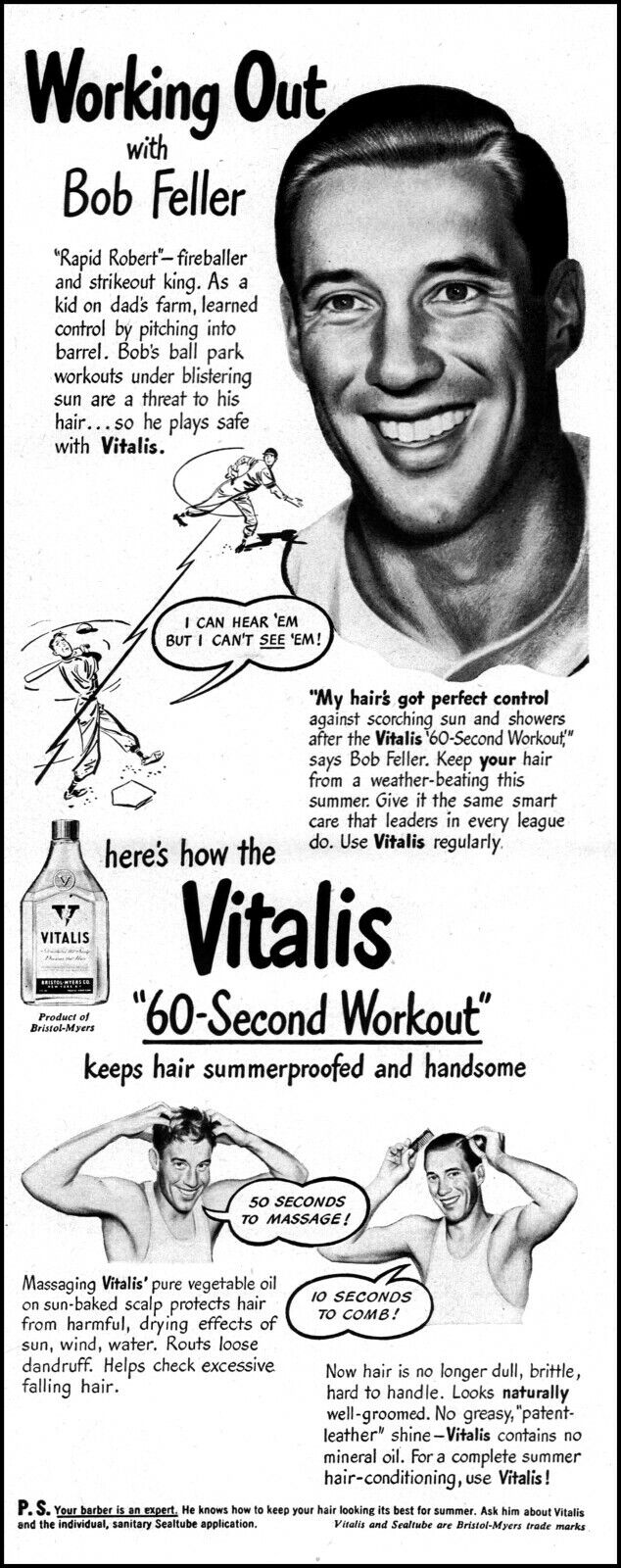 1948 Bob Feller Cleveland Indians Vitalis Hair Tonic vintage art print ad adl10