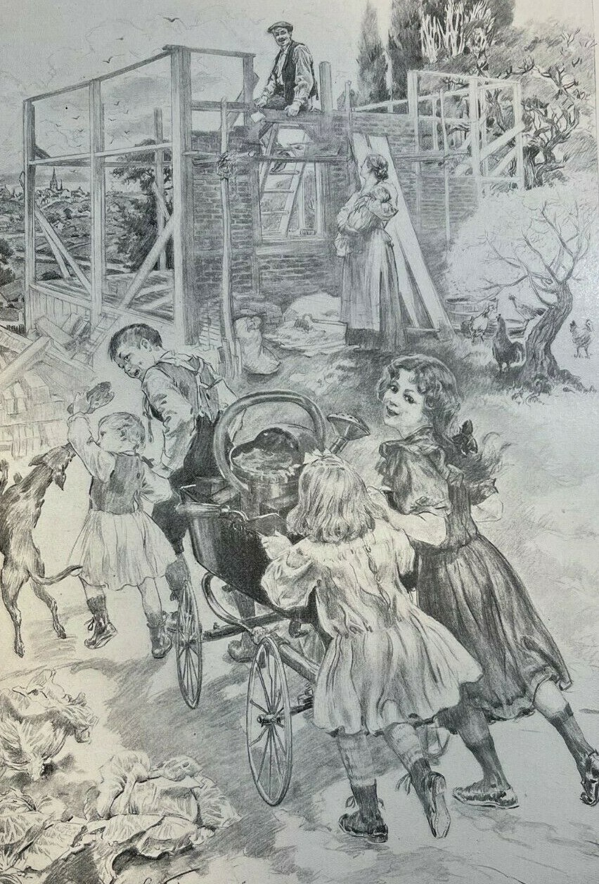 1907 Vintage Illustration Victorian Children Pushing Stroller 1907 Vintage Illustration Victorian Children Pushing Stroller