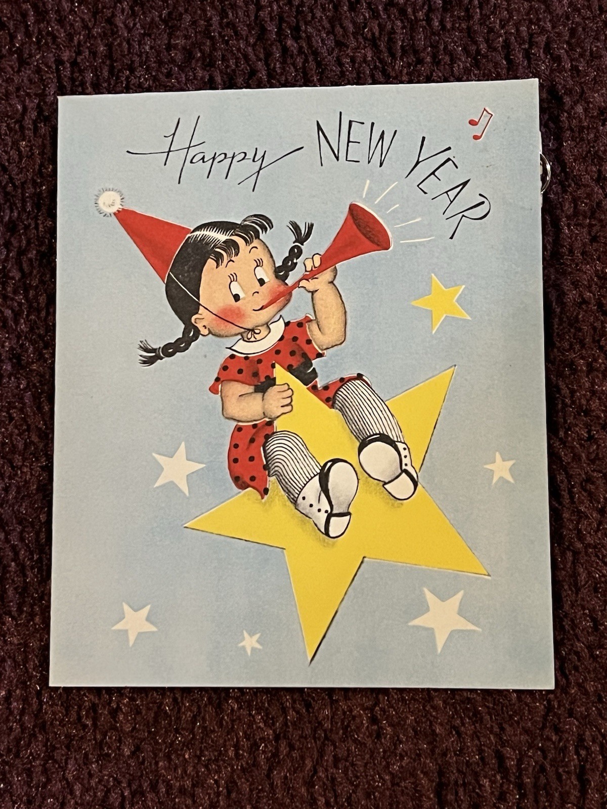 Vintage NORCROSS SUSIE Q Star Horn Happy New Year Card w/ Price Tag & Envelope