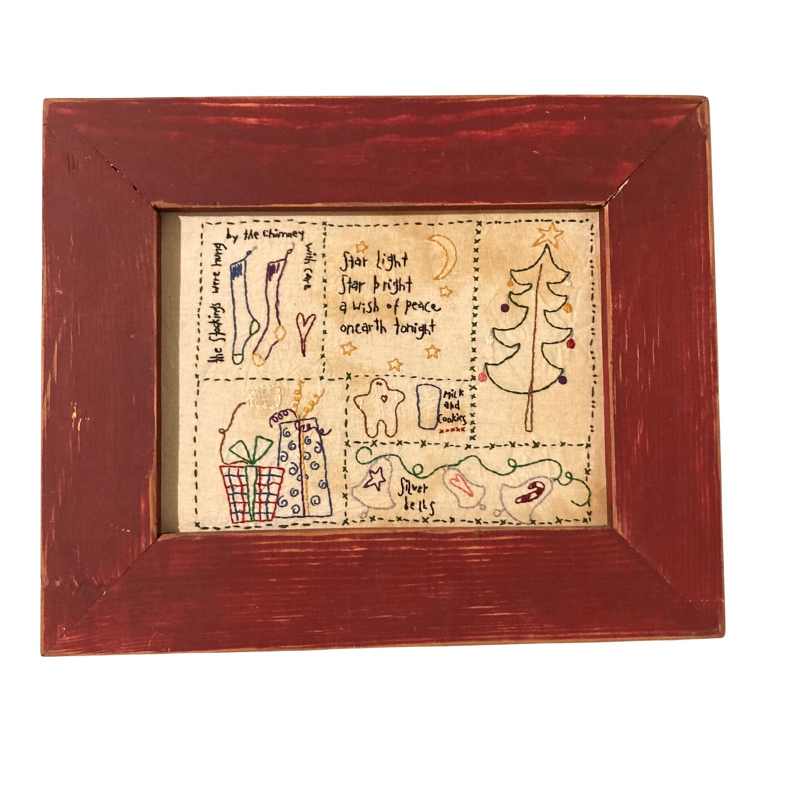 Vintage Christmas Completed Primitive Embroidery Sampler In Red Wood Frame Vintage Christmas Completed Primitive Embroidery Sampler In Red Wood Frame