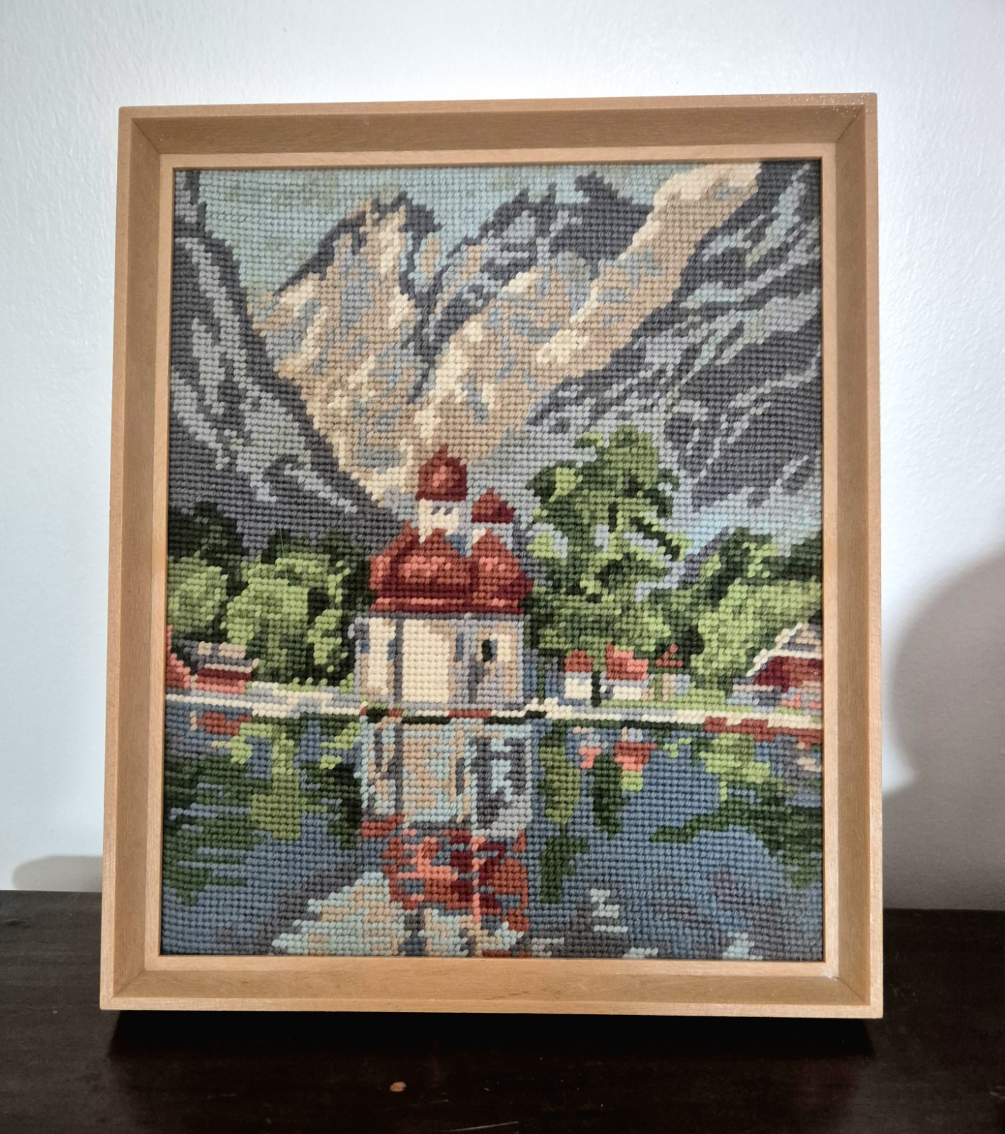 Vintage Framed Needlepoint Tapestry St Bartholomä Königssee Bavaria Germany Vintage Framed Needlepoint Tapestry St Bartholomä Königssee Bavaria Germany