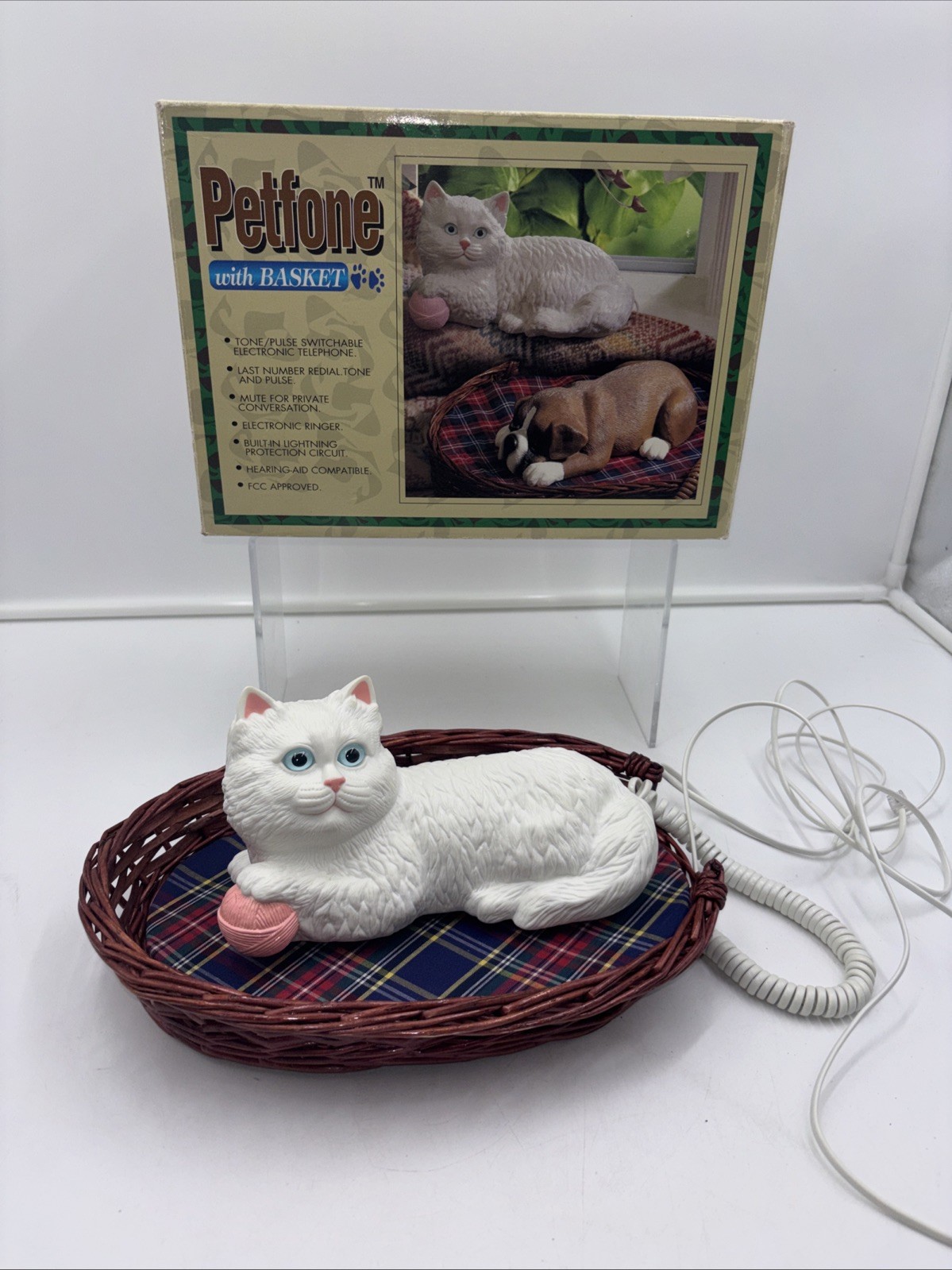Vintage 1993 Kingsway Petfone Cat Telephone With Basket Original Box Retro Vintage 1993 Kingsway Petfone Cat Telephone With Basket Original Box Retro