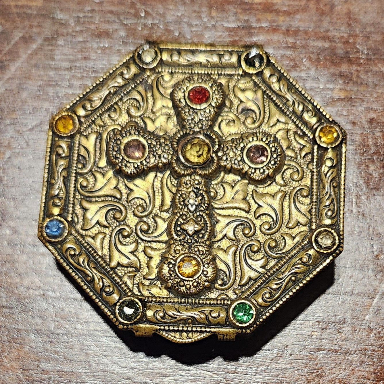 Antique 1920s Czechoslovakia Brass Pocket Shrine Jeweled Cross Trinket Box Antique 1920s Czechoslovakia Brass Pocket Shrine Jeweled Cross Trinket Box