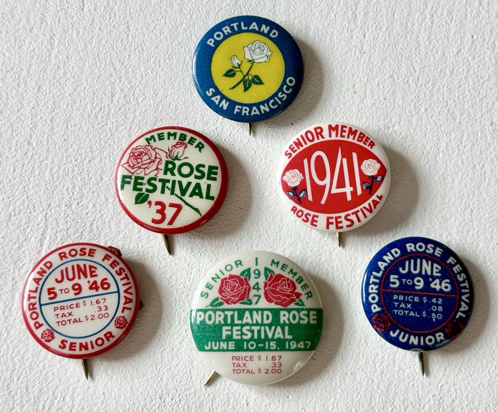 Lot of 6 Vintage Portland Rose Festival Pinback Buttons 1937-1947 Member Pins
