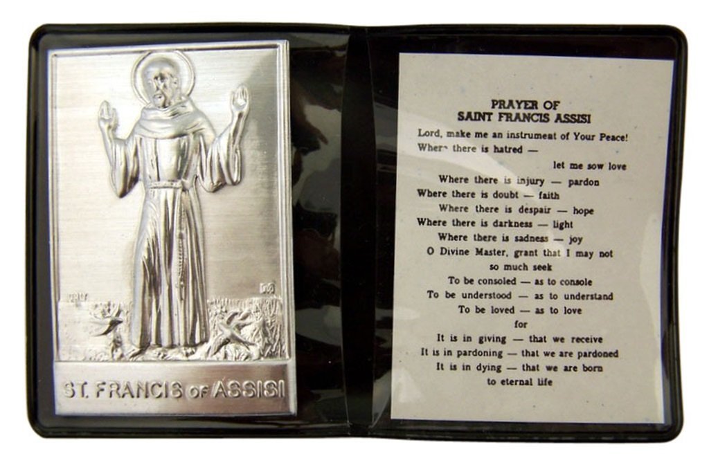 Metal Patron Saint Francis of Assisi Plaque with Prayer Leatherette Folder Metal Patron Saint Francis of Assisi Plaque with Prayer Leatherette Folder