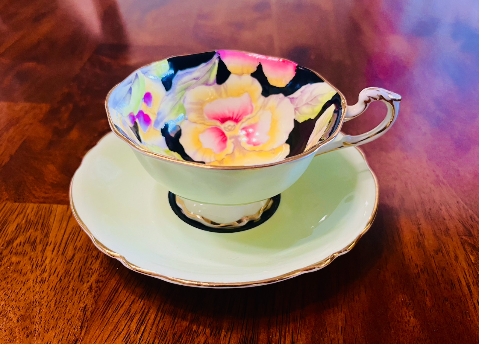 Paragon Mint Green Pansy Teacup & Saucer Floral Gold Trim Made in England Paragon Mint Green Pansy Teacup & Saucer Floral Gold Trim Made in England