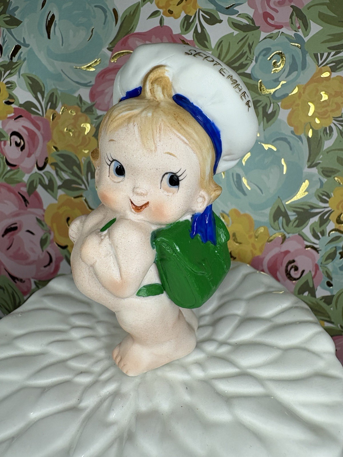Vtg Lefton September Kewpie Baby In Sailor Hat W/ Green Backpack Figurine Japan Vtg Lefton September Kewpie Baby In Sailor Hat W/ Green Backpack Figurine Japan