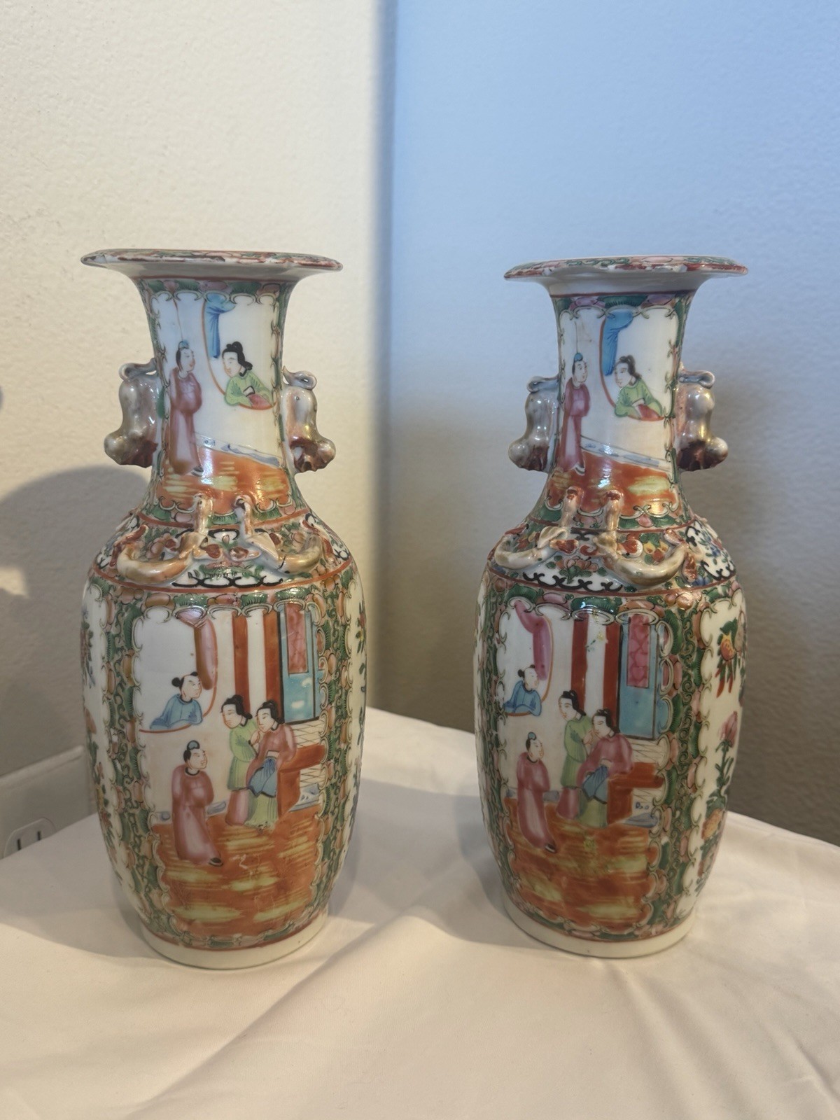 Pair Chinese Porcelain Famille Rose Vases Hand-Painted Figural Scenes Pair Chinese Porcelain Famille Rose Vases Hand-Painted Figural Scenes