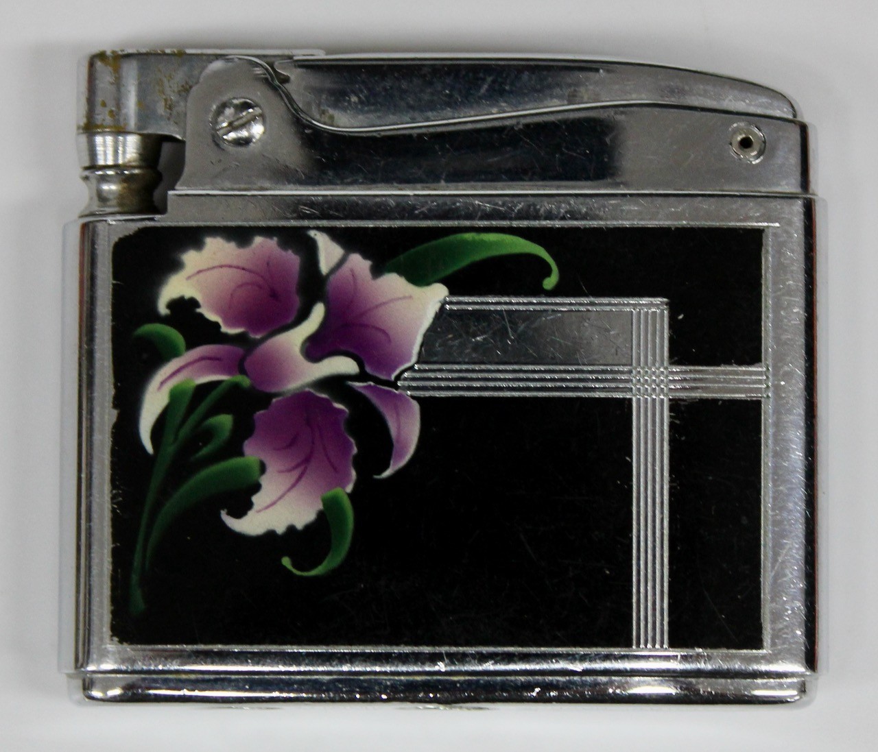 Vintage Ronson Adonis Automatic Lighter Black Enamel Purple Orchid Art Deco Vintage Ronson Adonis Automatic Lighter Black Enamel Purple Orchid Art Deco