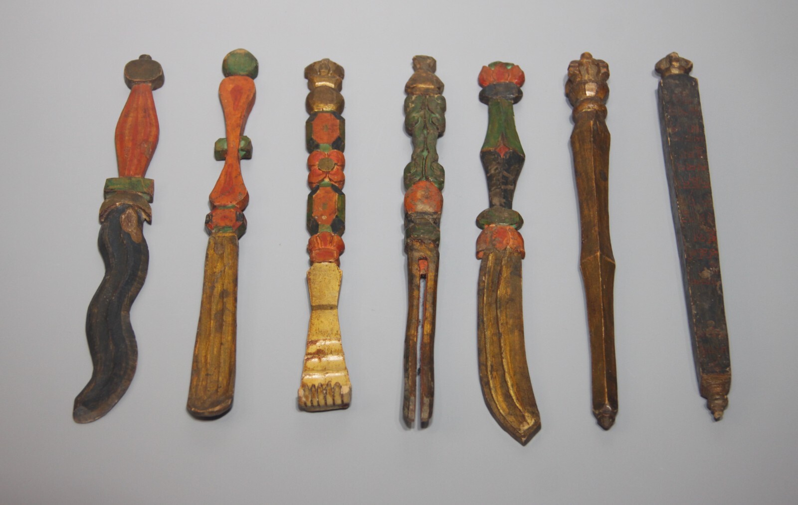 Rare Nice Set 7P Tibet 19th Century Old Antique Buddhist Wood Ritual Implements Rare Nice Set 7P Tibet 19th Century Old Antique Buddhist Wood Ritual Implements