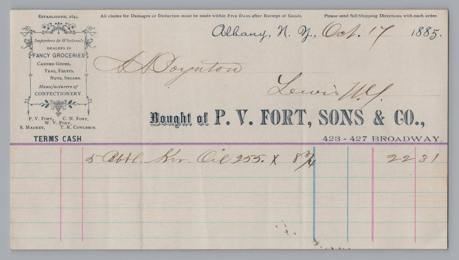 1885 Albany NY Billhead Groceries Confectionery Receipt PV Fort Sons Co Fancy
