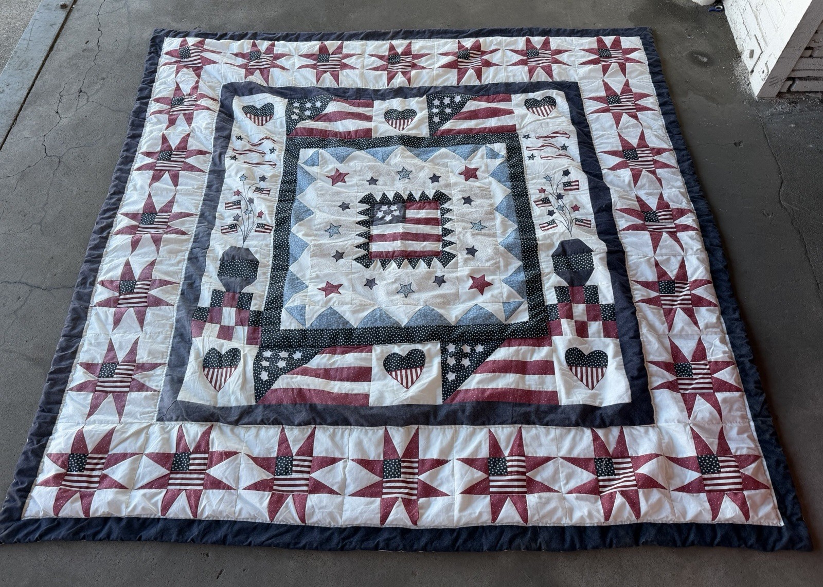 Vintage Feed Sack Beautiful Eight Point Star End American Flag Quilt 83x81 inch Vintage Feed Sack Beautiful Eight Point Star End American Flag Quilt 83x81 inch
