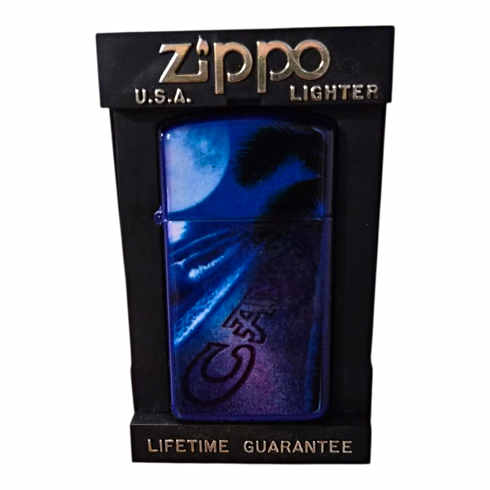 Vintage 1993 Camel Slim Zippo Lighter Blue Purple Tropical Beach New Sealed