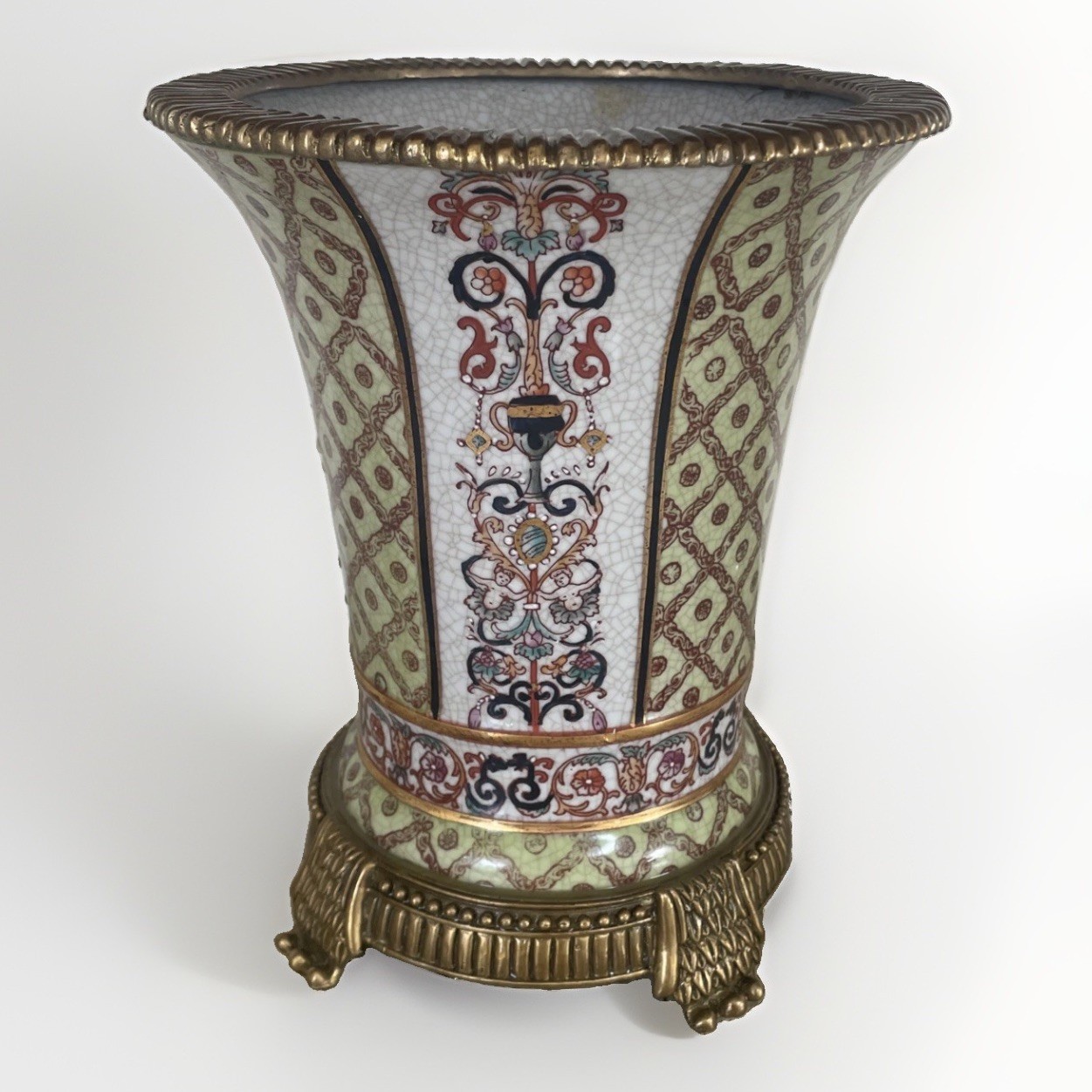 Vintage Chinese Cracked Porcelain Bronze/brass Trim Green Gold Trumpet Vase