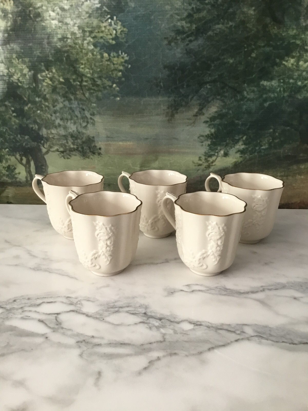 Lenox White Embossed Porcelain Cups with Gold Trim, Set of Five Lenox White Embossed Porcelain Cups with Gold Trim, Set of Five