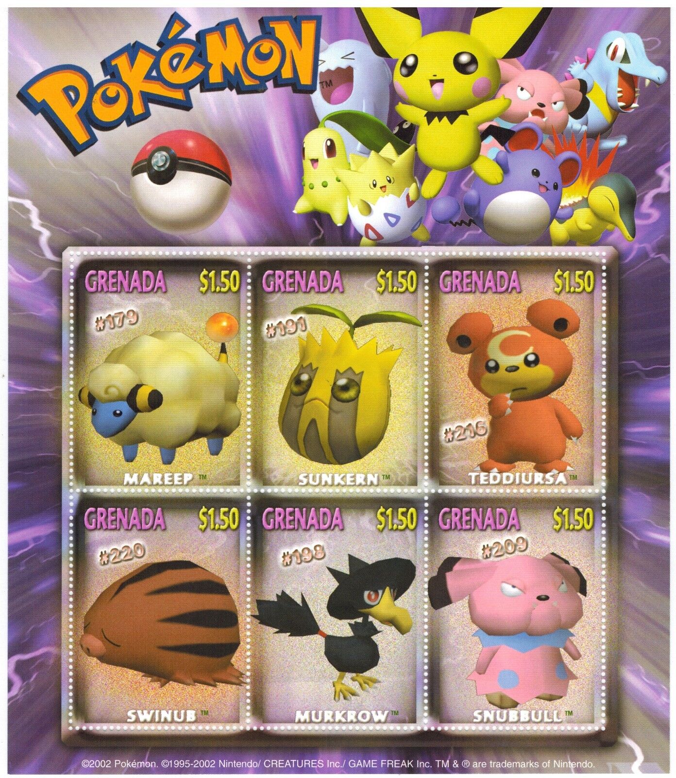 Grenada 2002 - Pokemon - Sheet of 6 Collectible Postage Stamps - Scott #3269 MNH