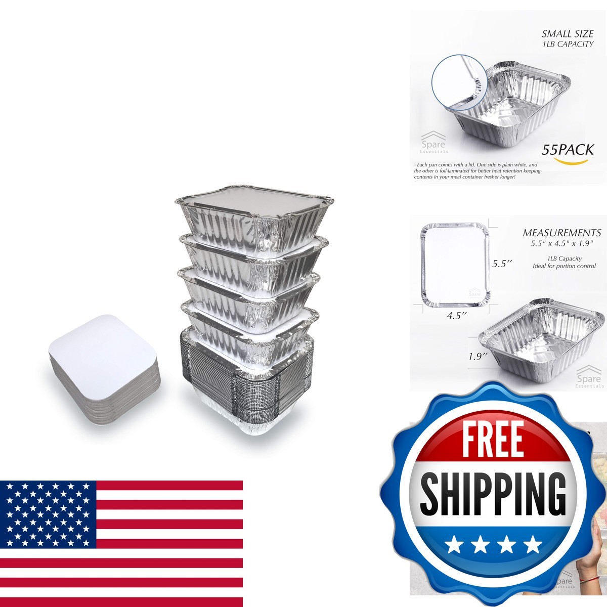 Spare Essentials 55 Pack - Aluminum Pan/Containers Lids/Foil