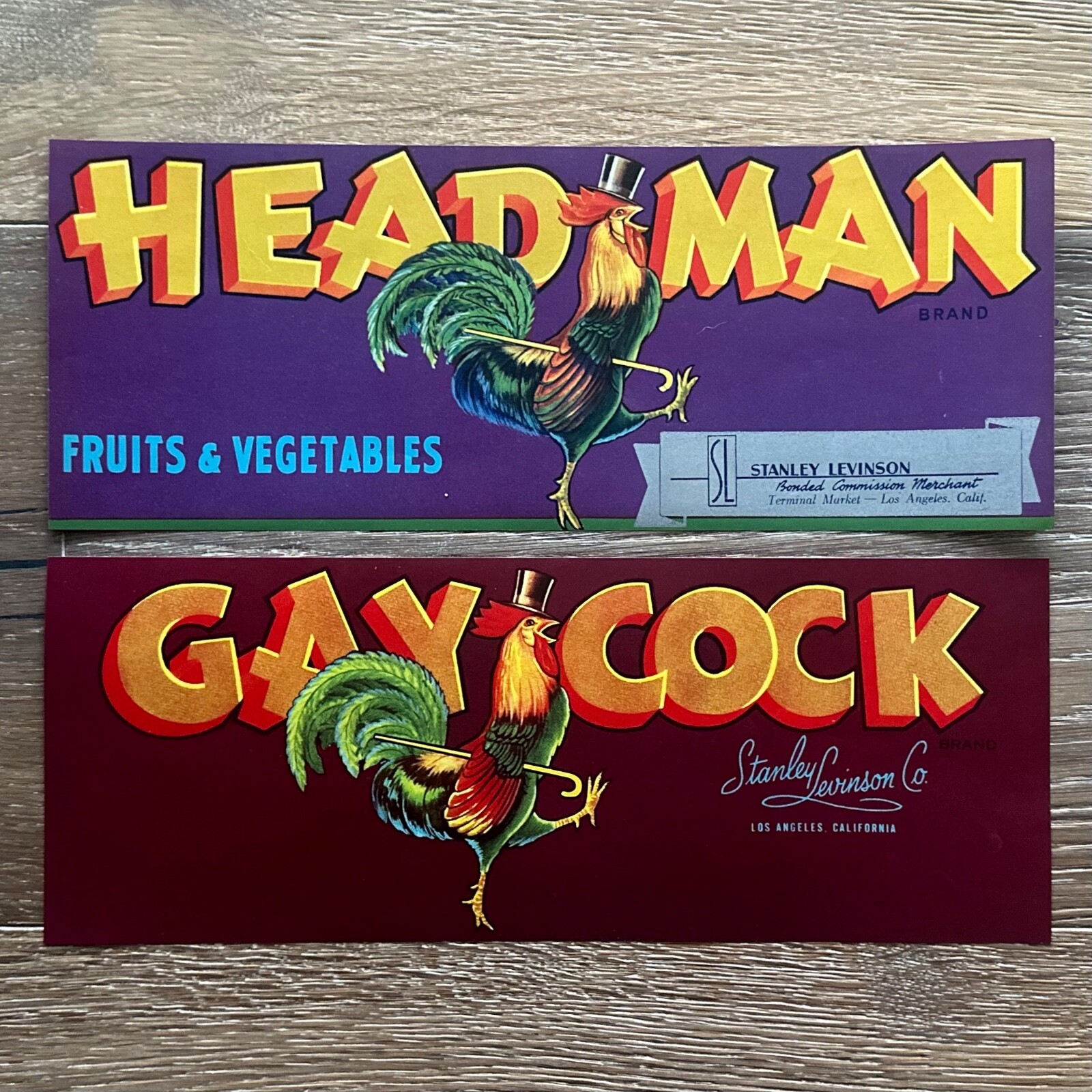 2 Vintage Original 1940s Dancing Rooster GAY COCK Headman CRATE BOX Label NOS 2 Vintage Original 1940s Dancing Rooster GAY COCK Headman CRATE BOX Label NOS