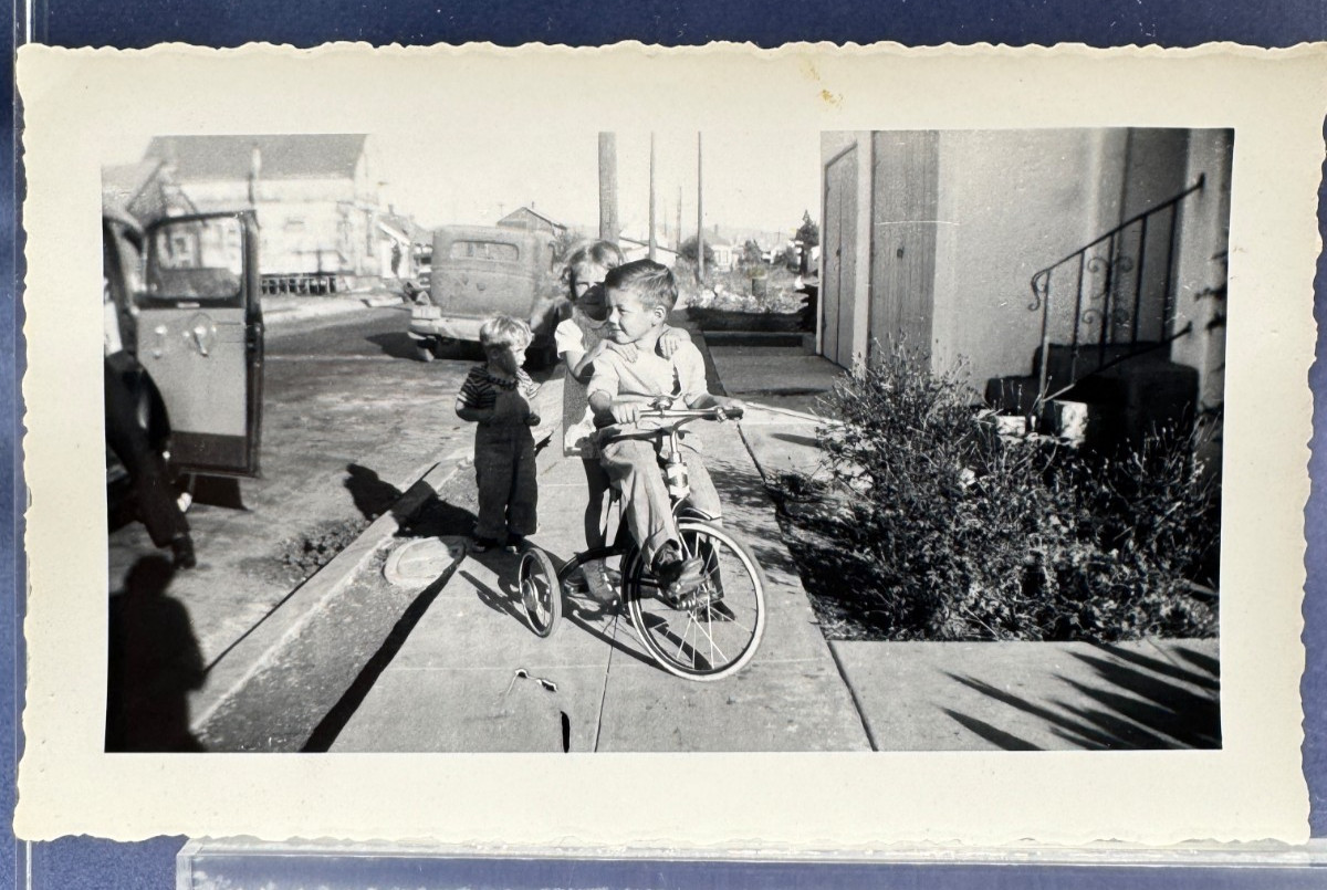 Vintage old found photo 1930s B&W Children Bicycle Sidewalk Car Houses Street