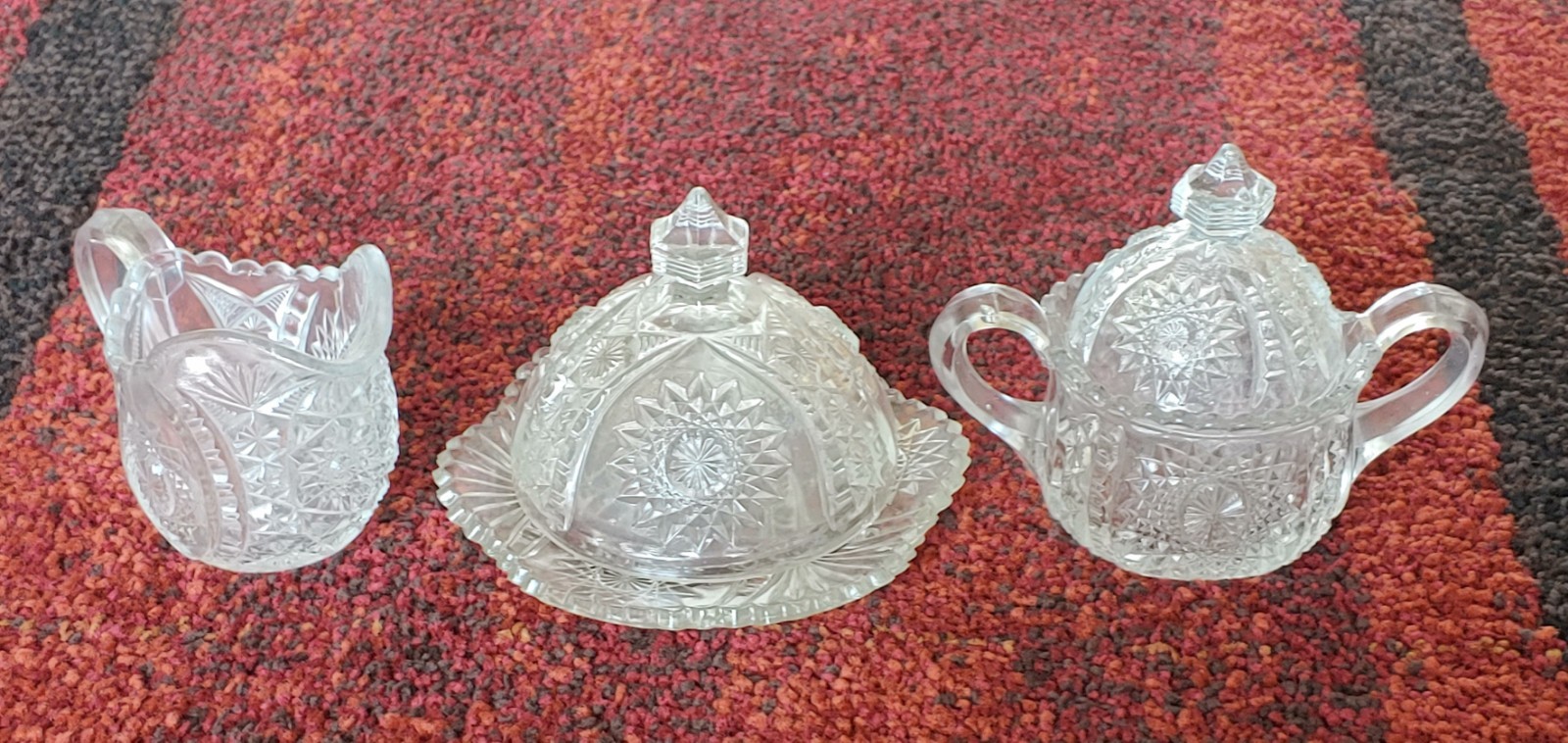 Antique Indiana Glass 1910s EAPG Creamer, Covered Butter Dish, Sugar Bowl Set Antique Indiana Glass 1910s EAPG Creamer, Covered Butter Dish, Sugar Bowl Set