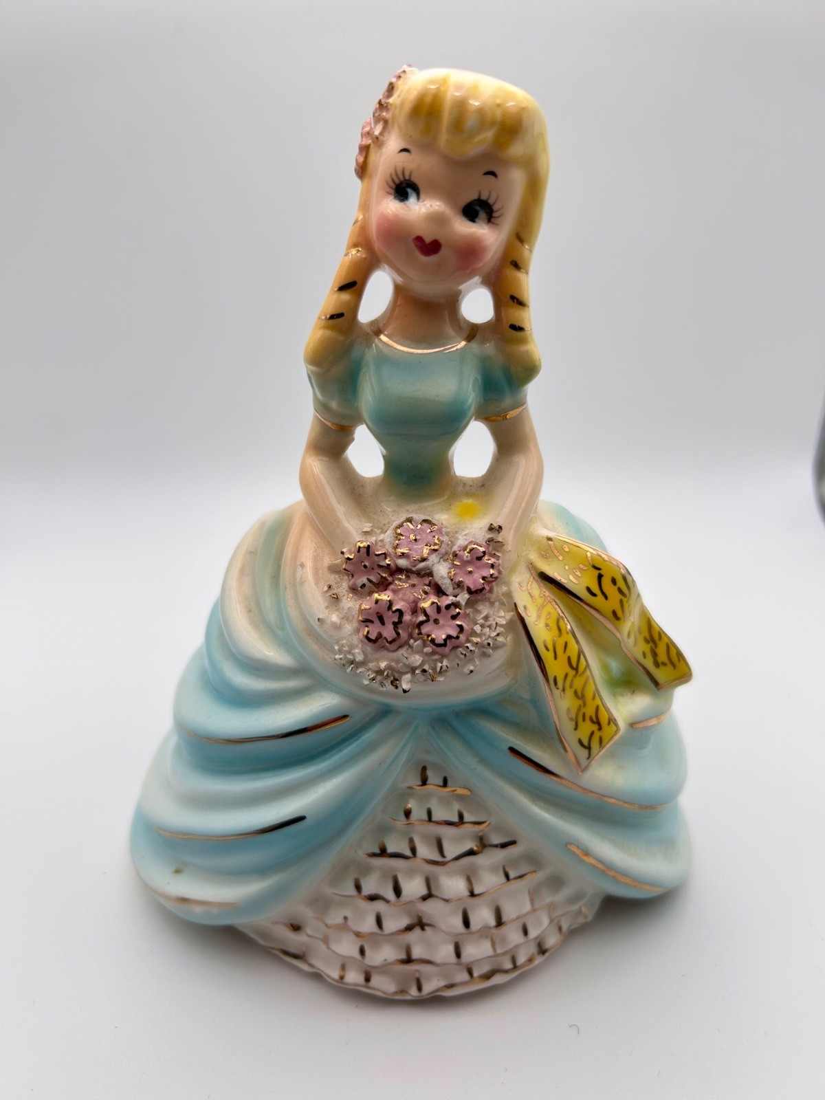 Rare Vintage Arnart Japan Girl in Blue Holding Flower Bouquet 5.5 Rare Vintage Arnart Japan Girl in Blue Holding Flower Bouquet 5.5